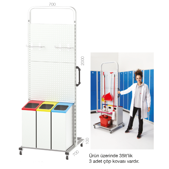 3 Adet Çöp Kutulu Tekerlekli Temizlik Standı KTS04900